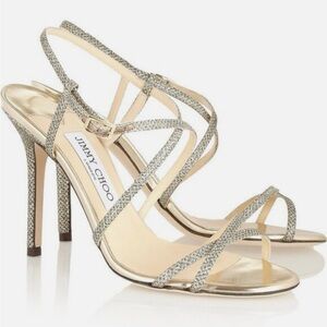 Jimmy Choo Elaine Lame Glitter Metallic Strappy Heels in light bronze size 37